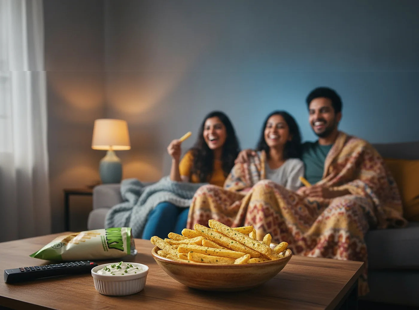 Three friends under a blanket on a sofa laughing at a film, a bowl of cream and onion fries and a sour cream dip on the coffee table.