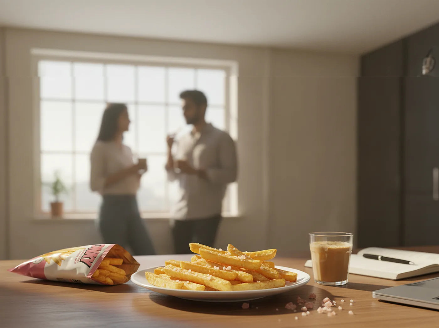 Two colleagues chatting by a sunny office window, a plate of pink salt fries and a glass of chai on the desk in front.