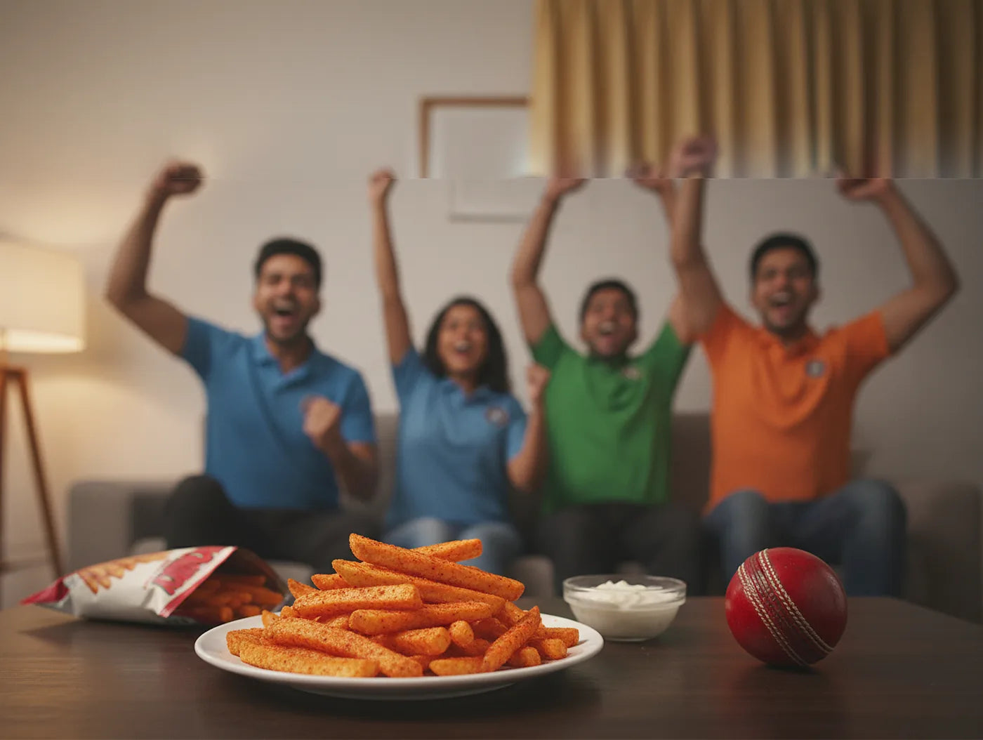 Friends on a sofa cheering a cricket match, a plate of peri peri fries, a garlic mayo dip and a cricket ball on the table.