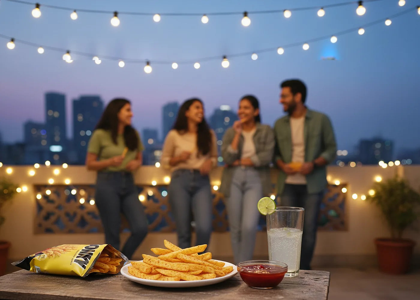 Four friends on a terrace at dusk under fairy lights, a plate of Thai sweet chili fries, a chilli dip and a lime soda on the table.
